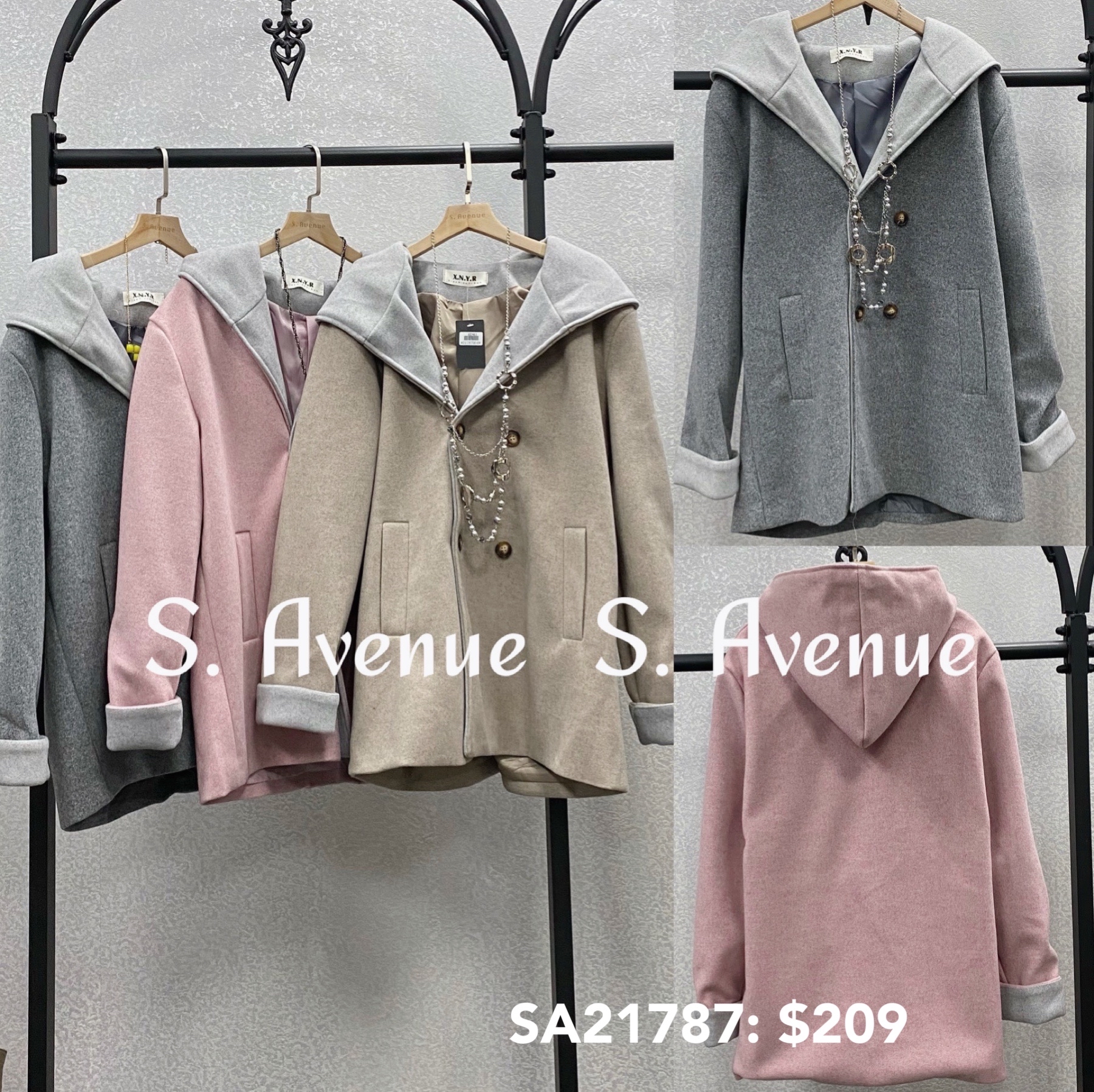 SA21787: 長袖撞色帽雙排鈕絨料褸