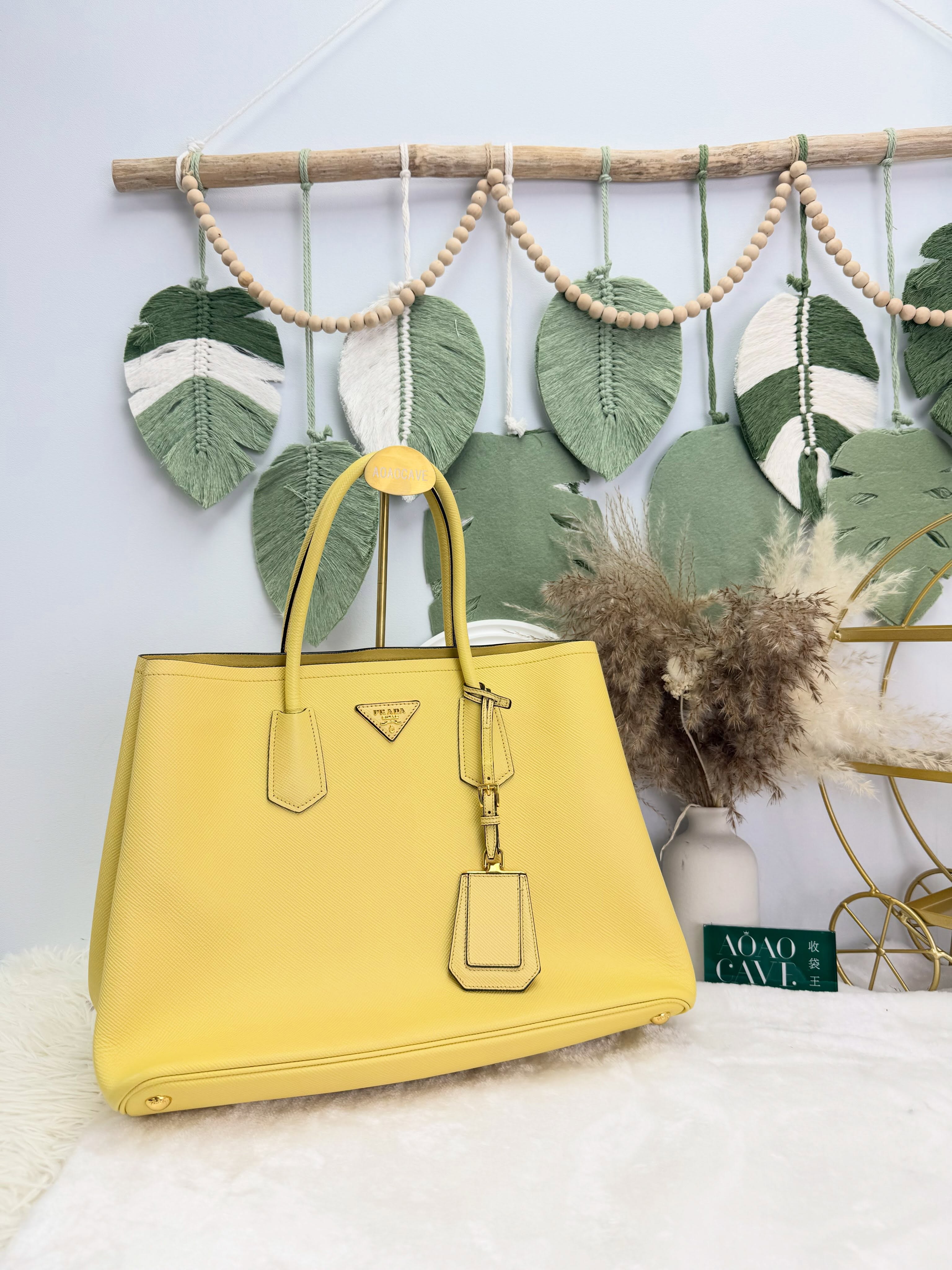 👜 PRE OWNED 🛍️黃色格紋tote 有單有塵袋 💛