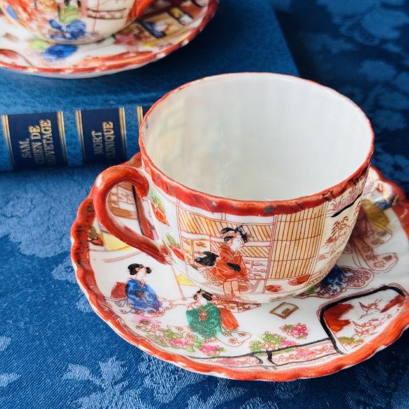 Vintage Pre-1950s Egg-Shell Quality Hand-Painted Japanese Tea Set Pair – Elegant Kimono-Clad Ladies in Traditional Home Scenes(MT2033)