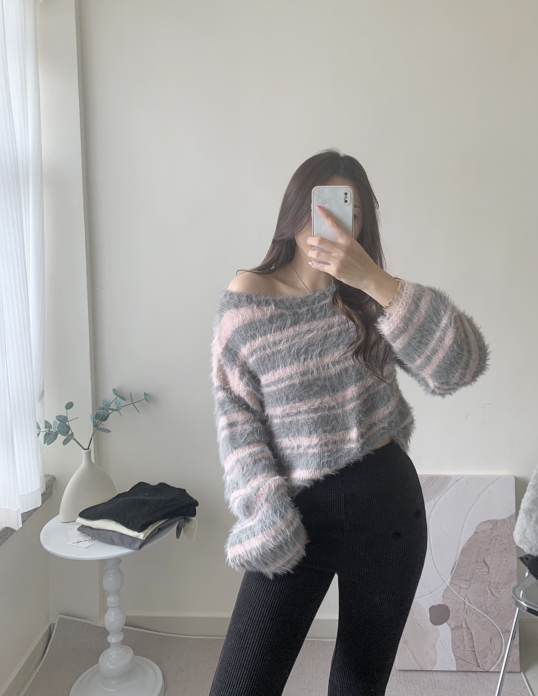 灰粉間水貂毛毛Top