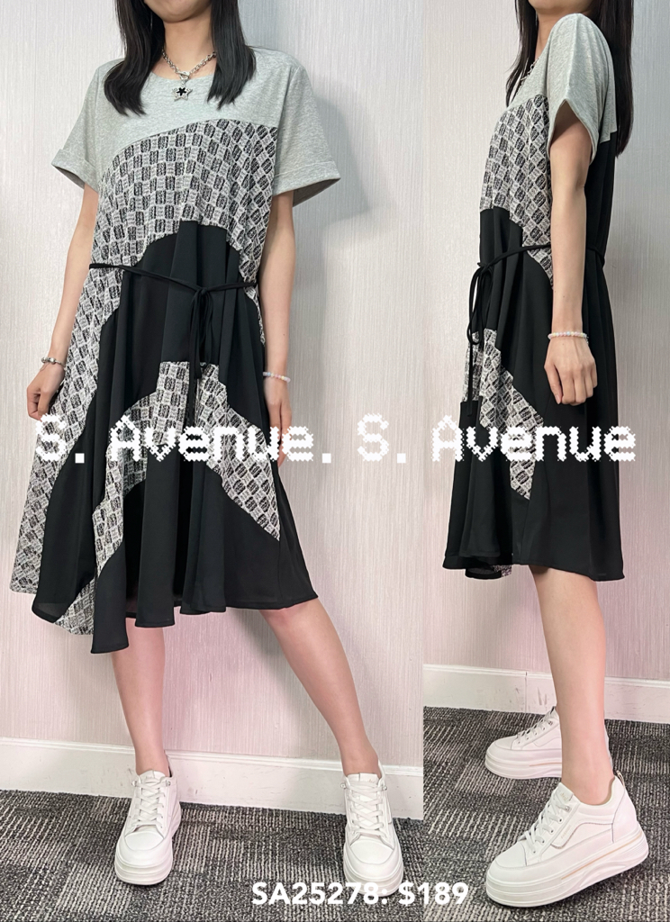 SA25278: 短袖拼lace拼雪紡A字裙