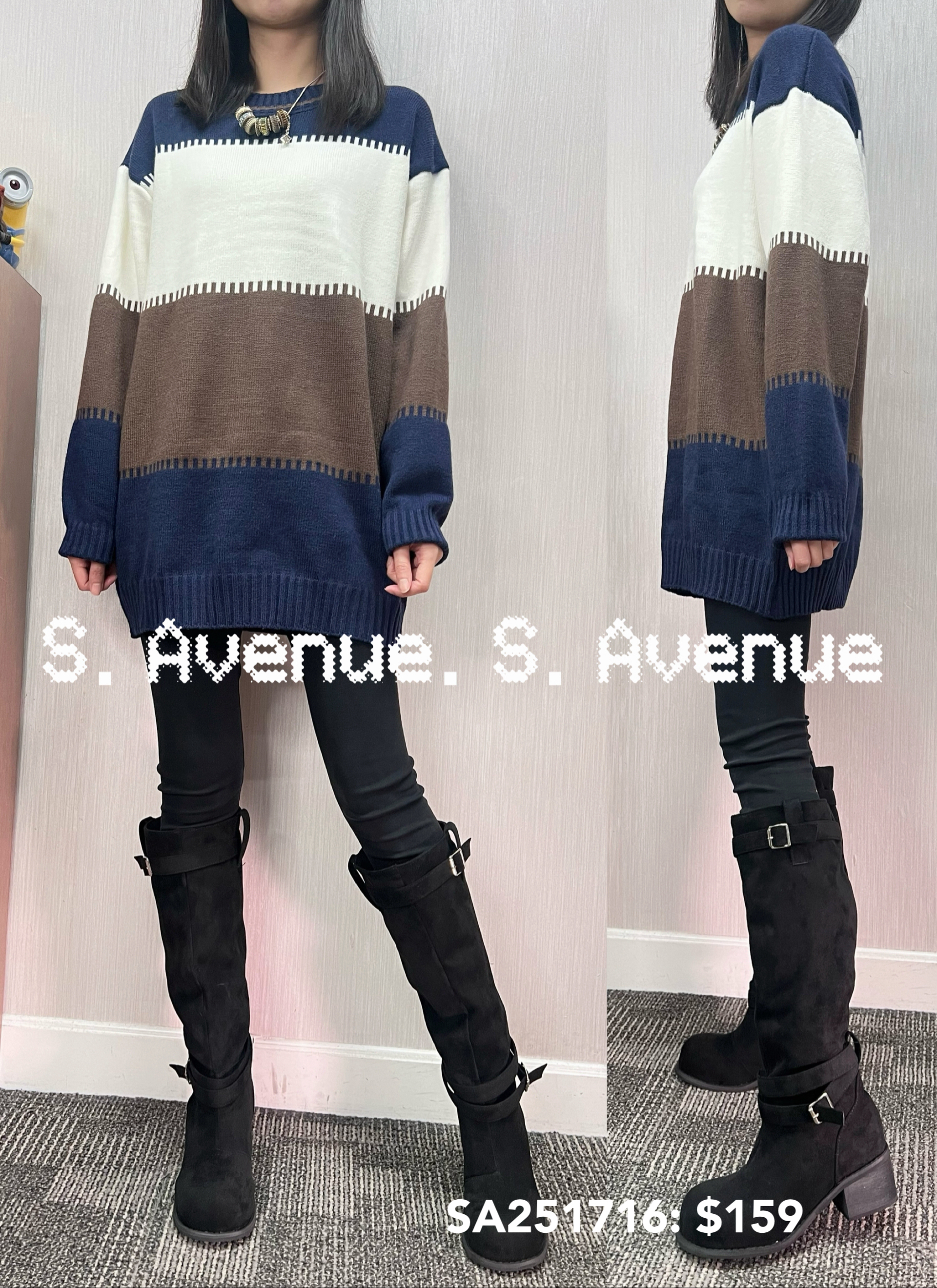 SA251716: 長袖藍啡白間長身冷衫