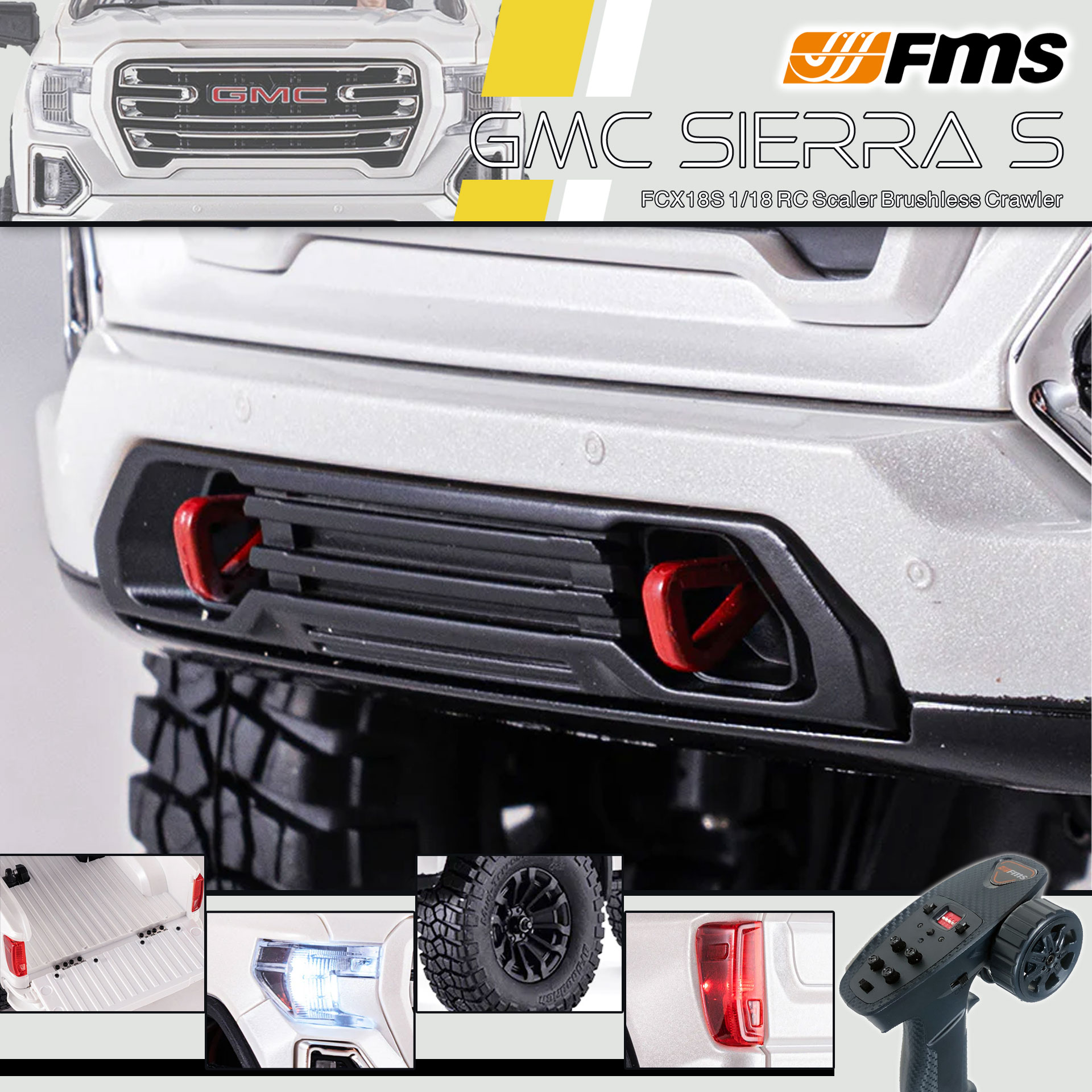全新 FMS FCX18S 1:18 GMC Sierra S RTR Brushless | General Motors LLC授權 | 無刷版本 | 聯動指揮燈 | 2段機械變速 | 迷你慢爬車 | 遙控車 | 像真迷你遙控車
