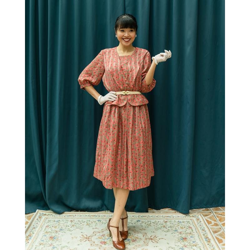 Vintage Japanese Sakura Floral Pattern Peplum Mid-Sleeve Summer Dress (MT1608-64)