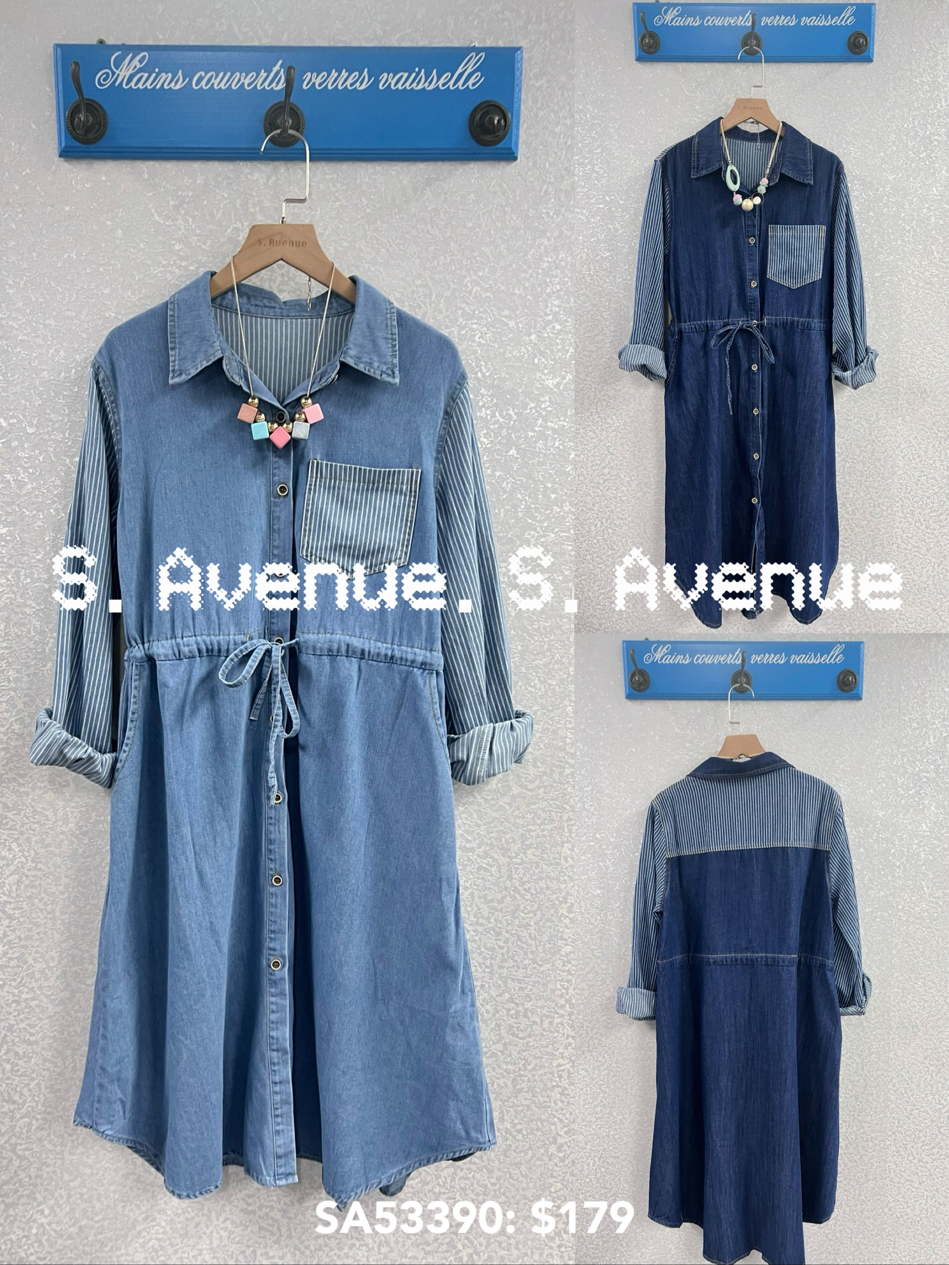 SA53390: 長袖拼直條束腰牛仔op