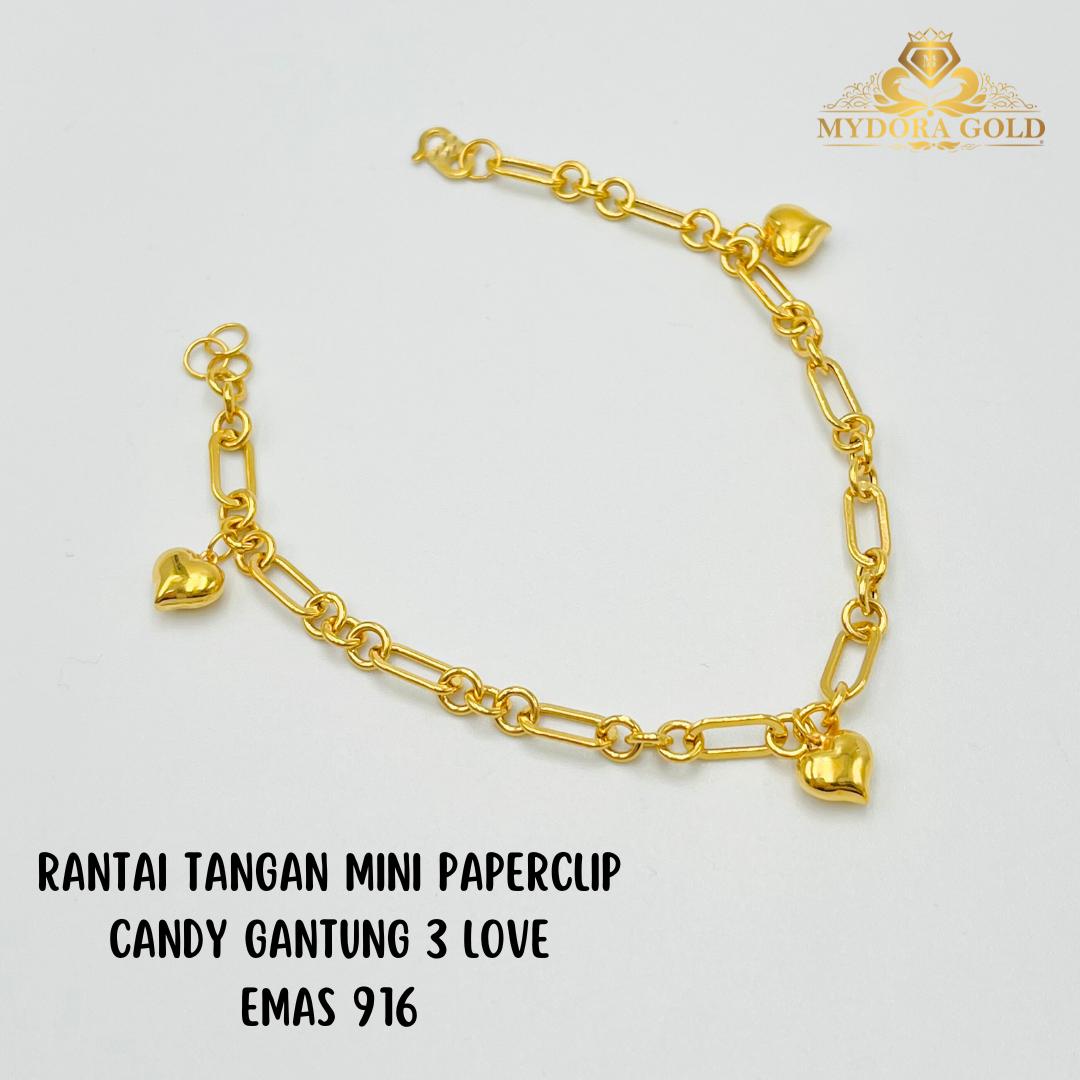 MYDORA Rantai Tangan Mini PaperClip Candy Gantung 3 Love | EMAS 916/22K
