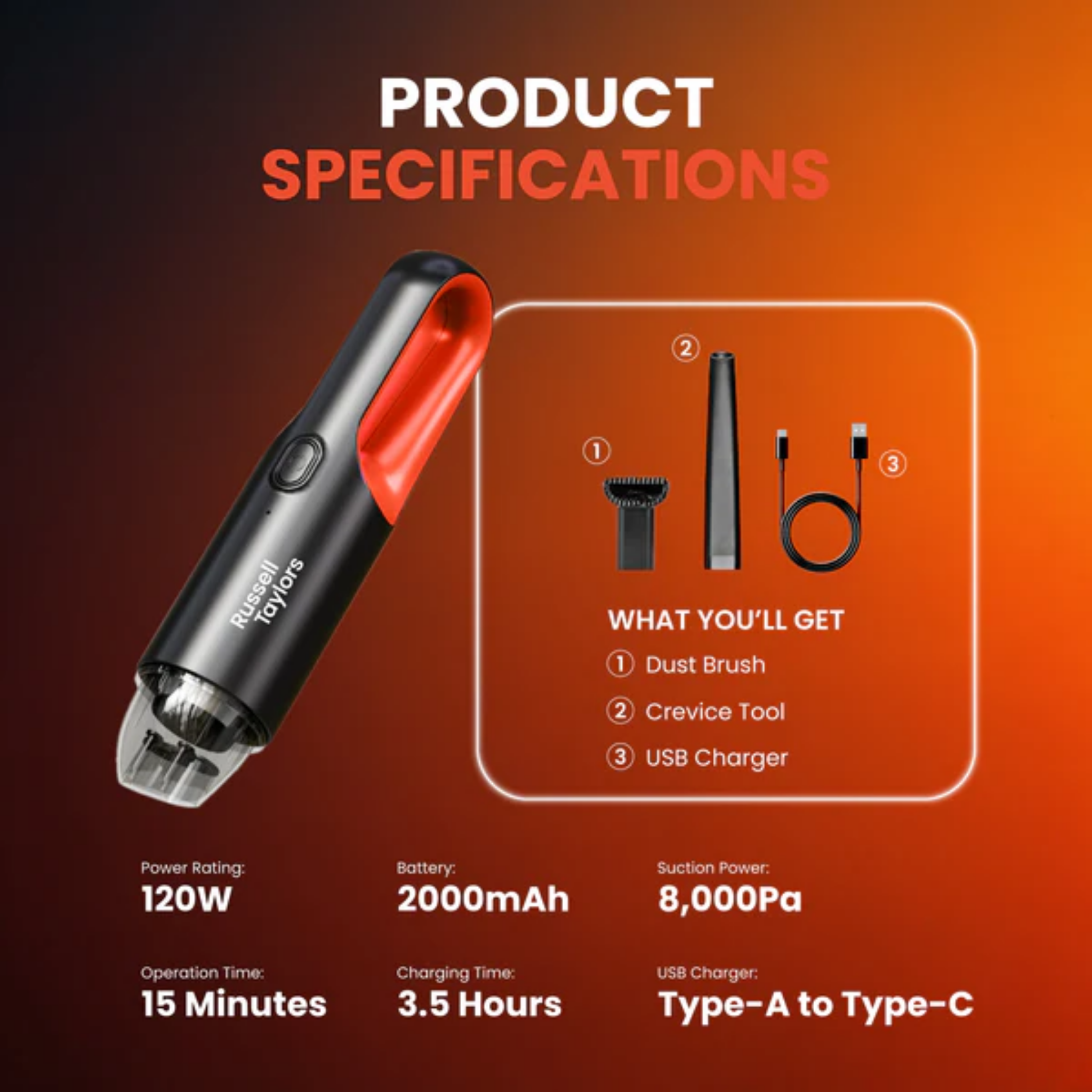 Russell Taylors 8000Pa Cordless Car Vacuum (X4)