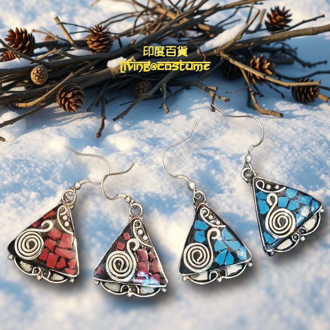 印度黃銅彩石拼貼耳環