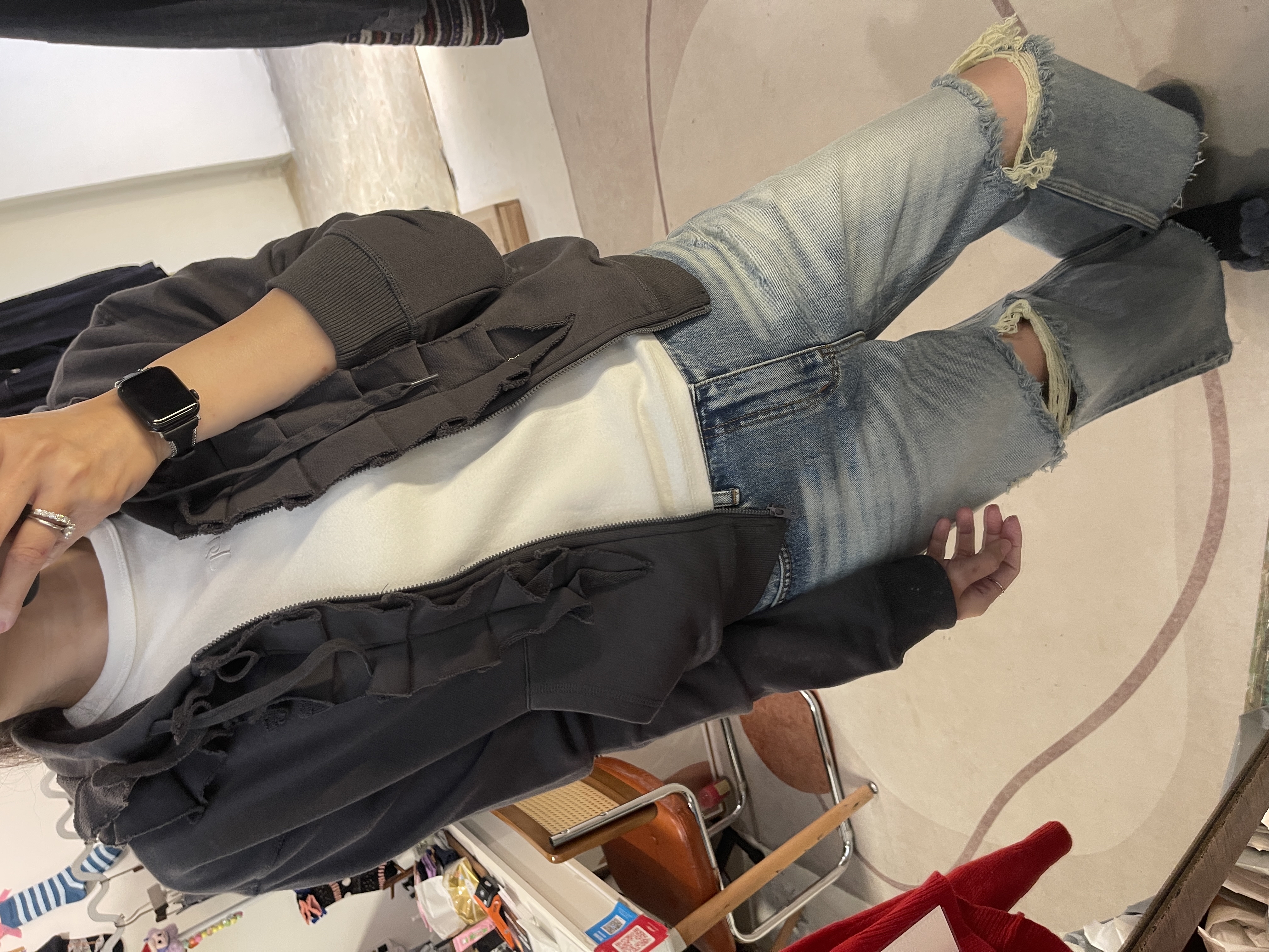 Ruffle soft cotton zip-up