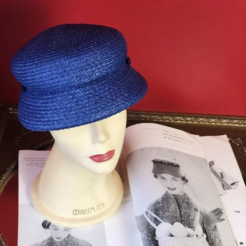 C.a. 1960s Indigo Blue Straw Lady Cap Hat (MT1230)