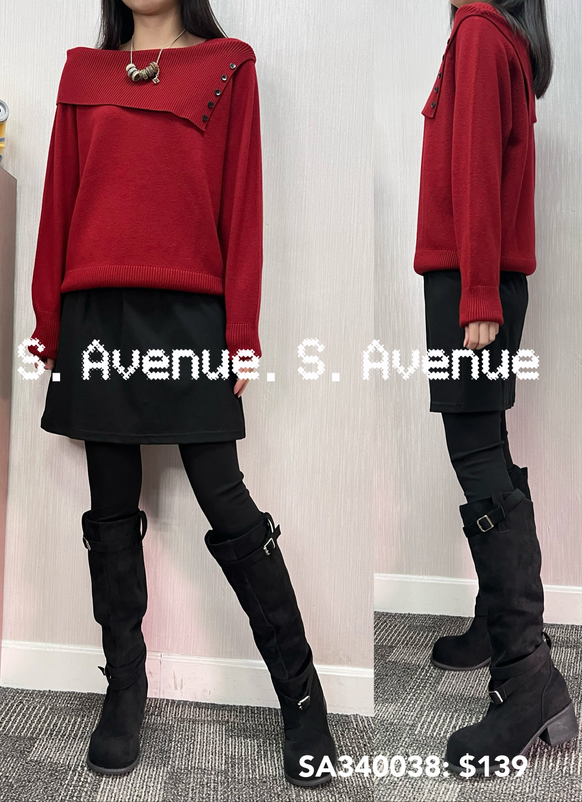 SA340038: 長袖大反領裝飾鈕軟冷top