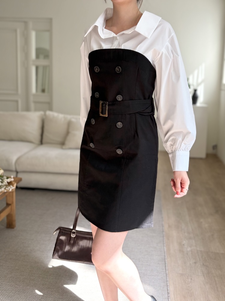 Belted Short Trench Dress (Black)