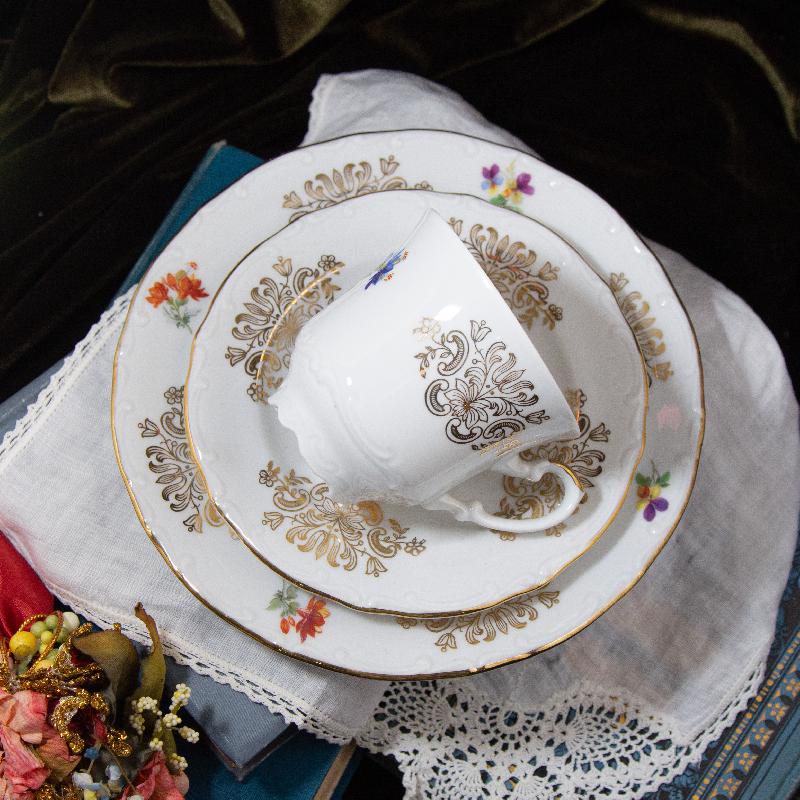 C.a. 1960s Bavarian Johann Seltmann Sophisticated Colour & Gold Gilt Floral Pattern Tea Set (CC052)