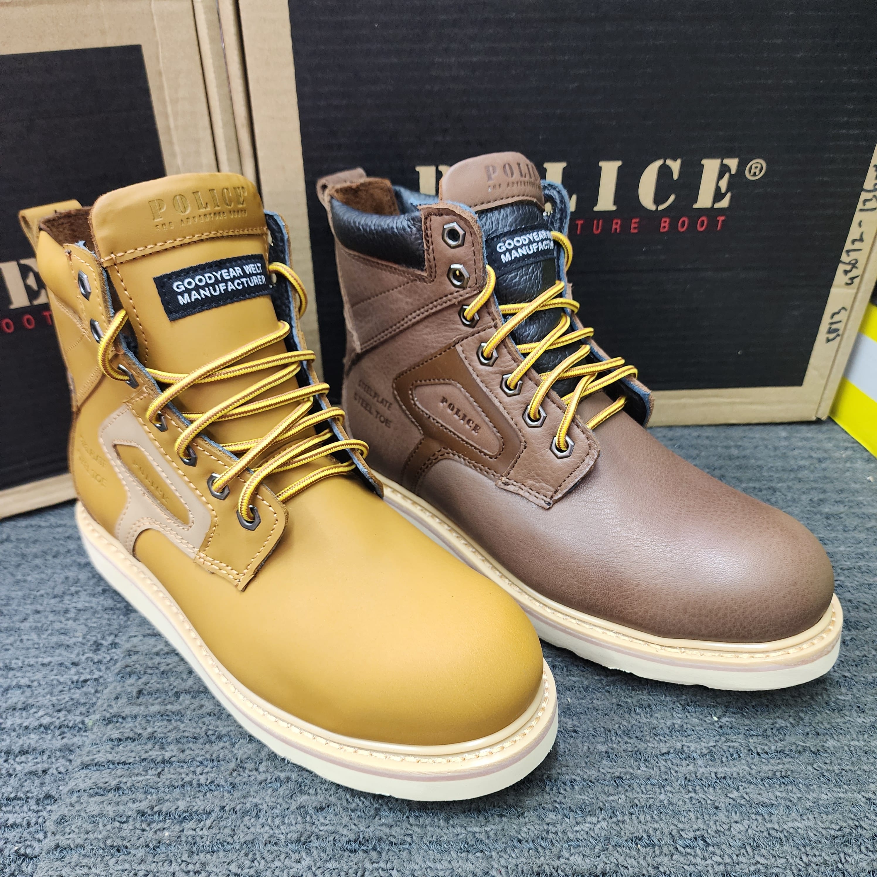 POLICE SAFETY 93672 Camel Brown Mid cut Lace Goodyear Welt Safety Shoes leather Kasut Keselamatan