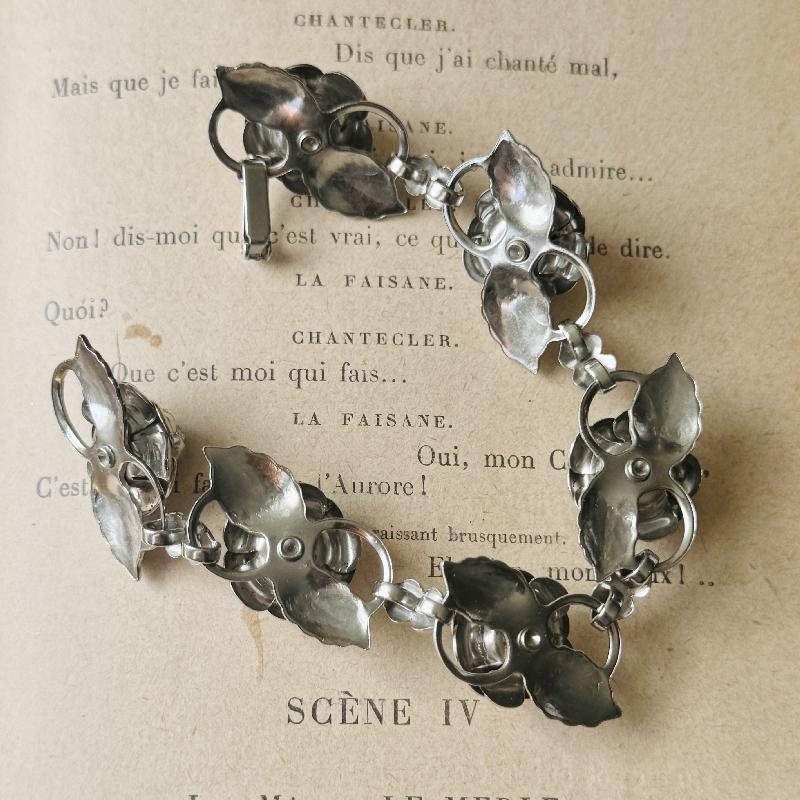 C.a. 1950- 60s Rhinestone Embellished Silver Tone Rose Bracelet (MT2110)
