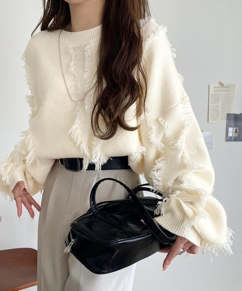 不規則流蘇拼色針織上衣【JT019】