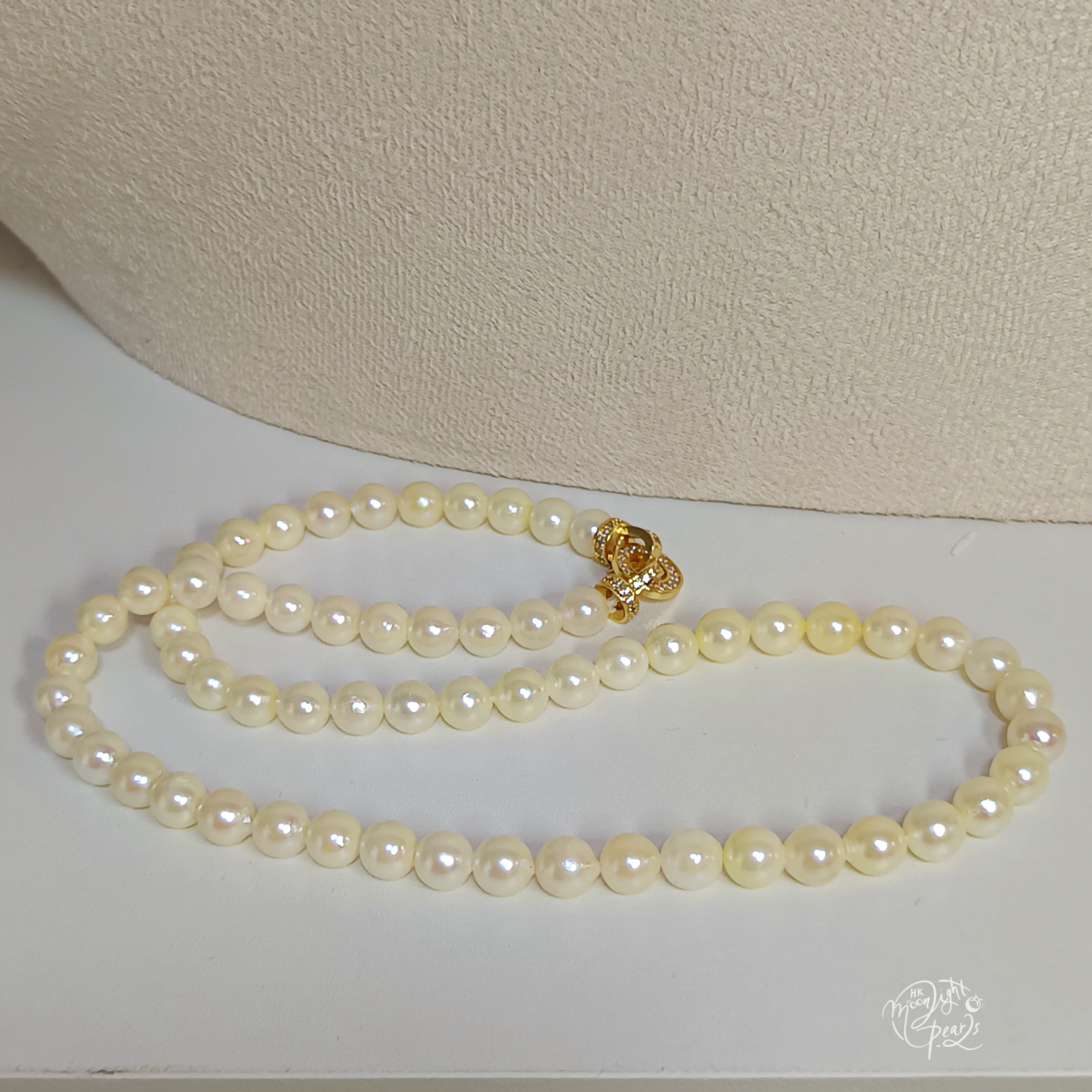 正圓強光日本akoya天然奶油金色海水珍珠注金圓環雙扣鎖骨鍊