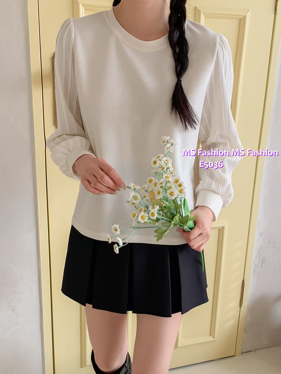 E5036 拼直紋袖top