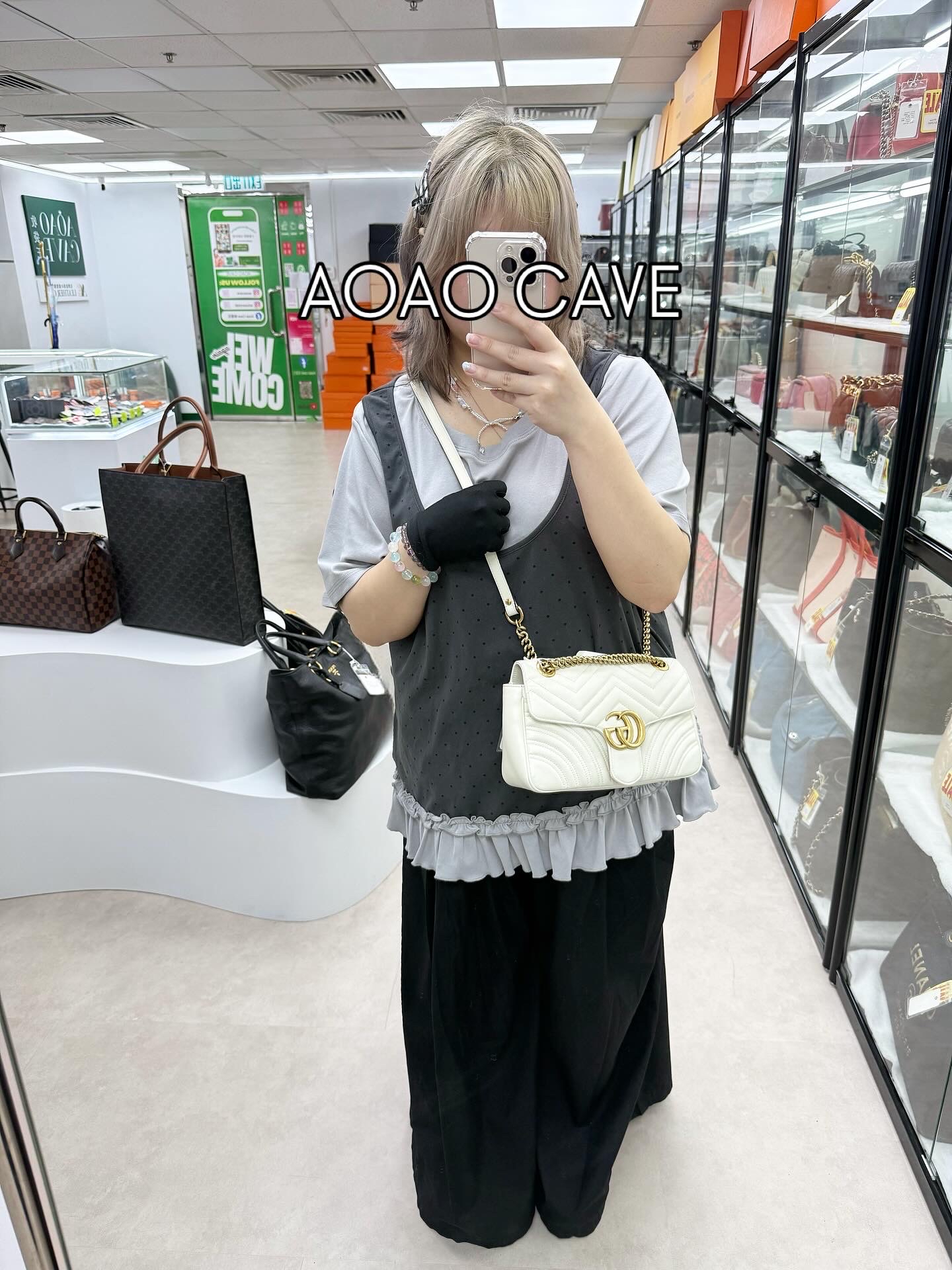 GUCCI 🤍PRE OWNED 白色金扣Marmont 26cm 單肩斜肩包💛