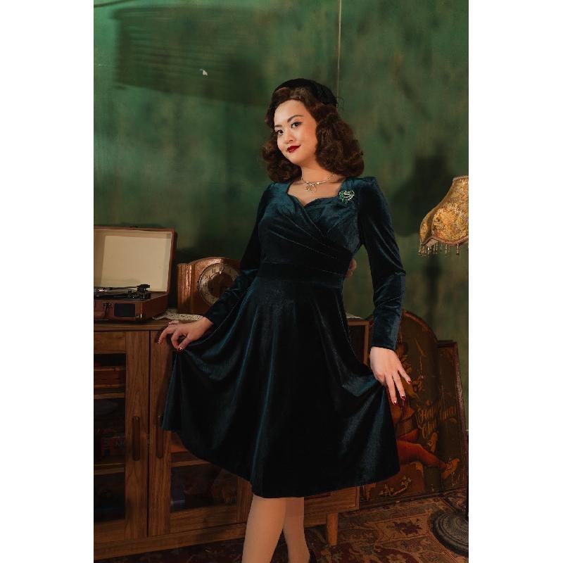 (Last L) Jewel Velvet Collection Sweetheart Wrap Swing Dress - Emerald Green (FM204)