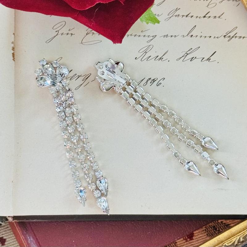 1980s Czechoslovakian New Old Stock Waterfall Chandelier Rhinestone Long Clip Earrings/Bridal Earrings (MZ114)