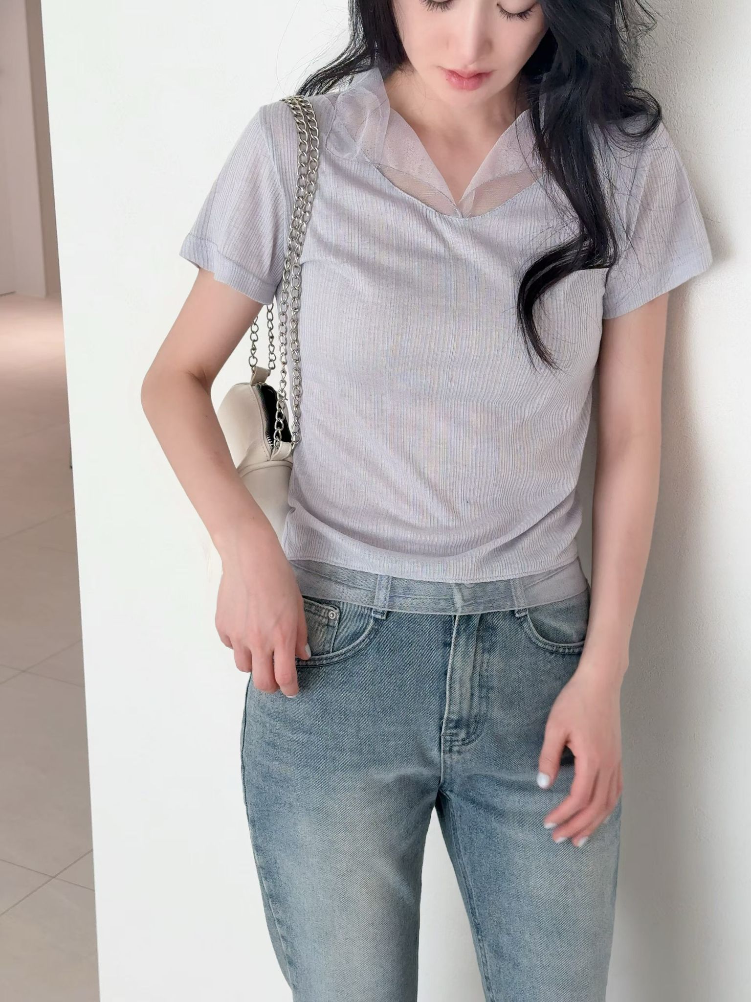 【休閒/上班】薄紗拼布直紋上衣