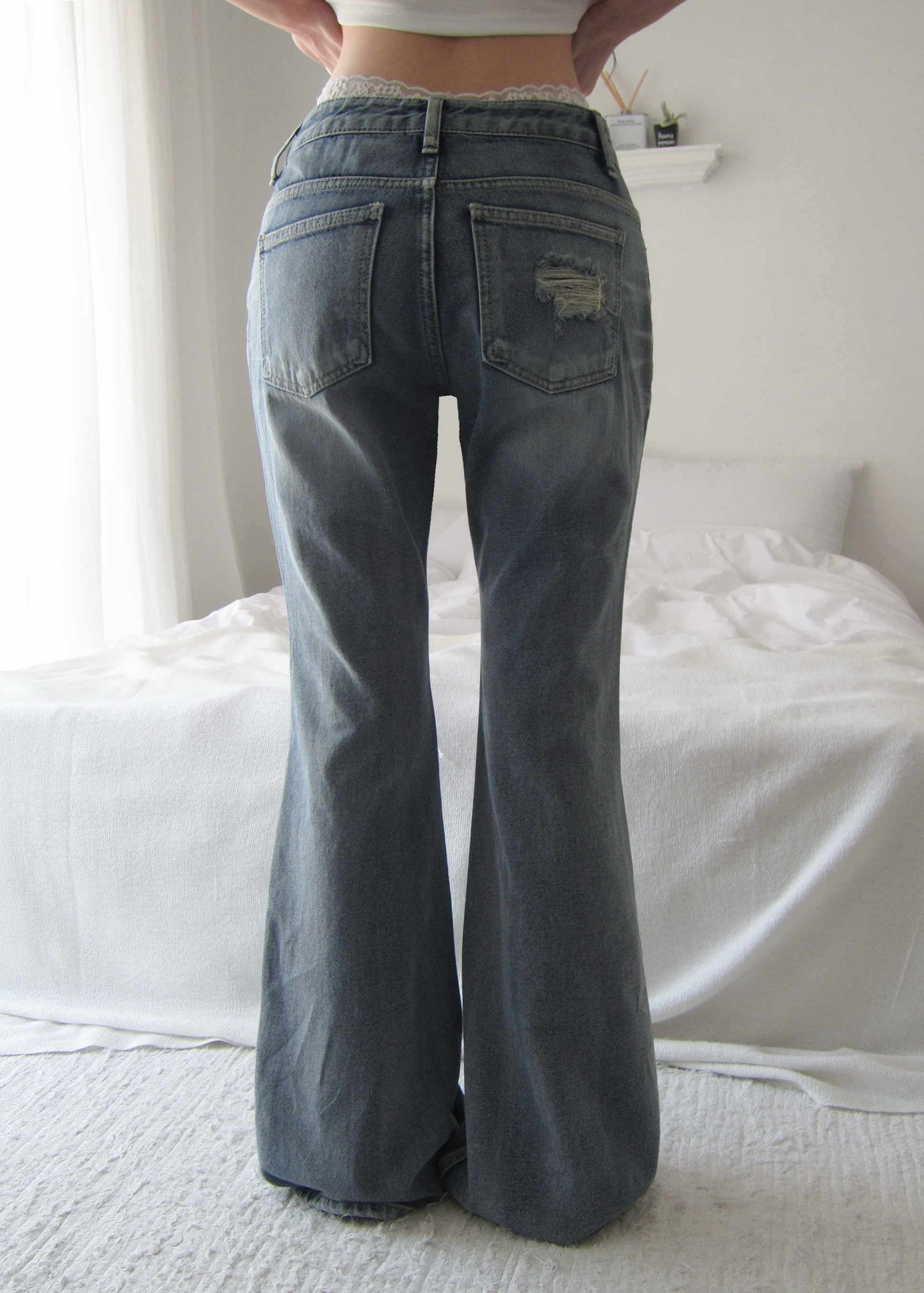 Washed Distressed Flare Jeans