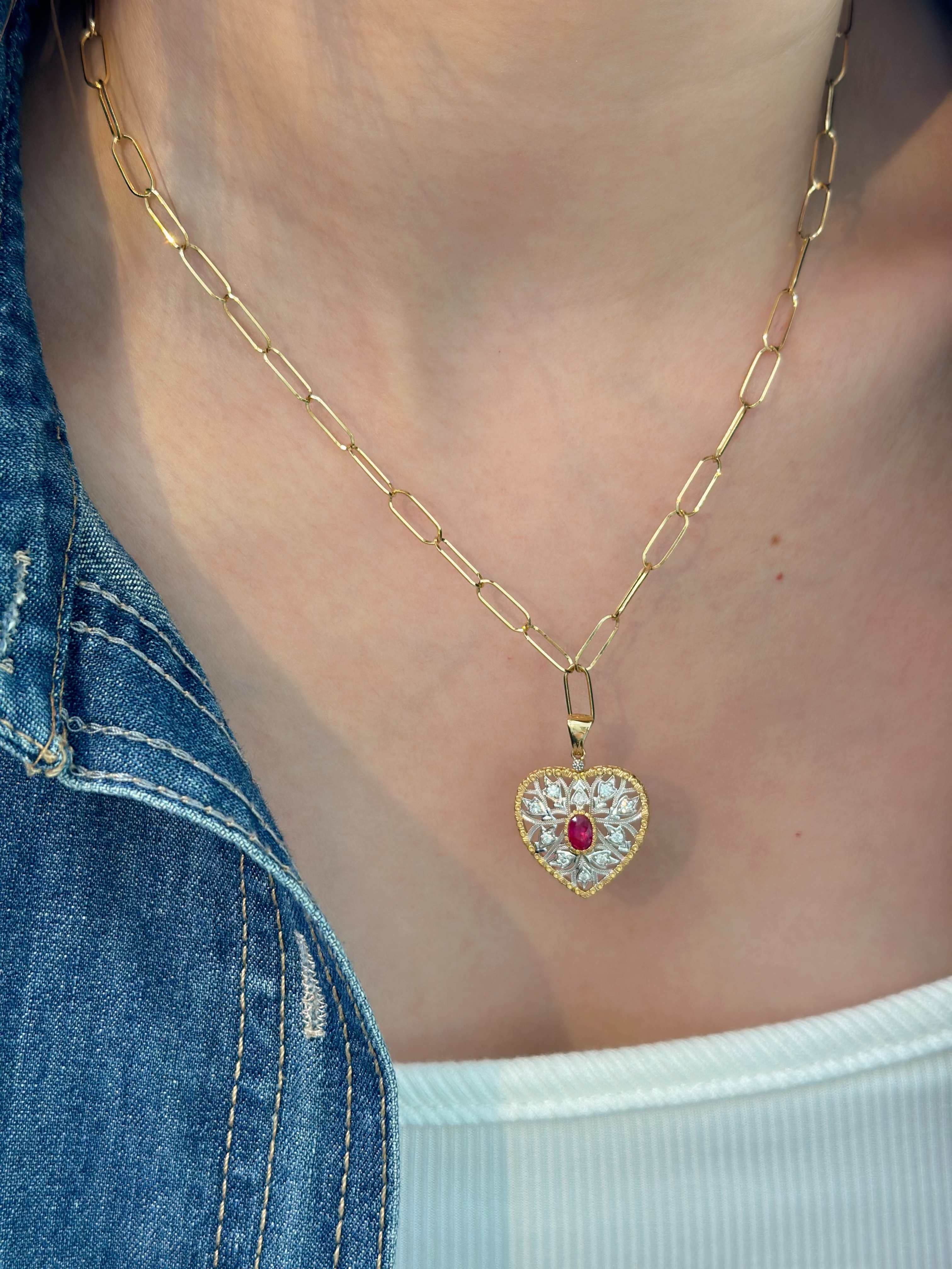 Two-Tone Gold Ruby Filigree Heart Pendant N031355