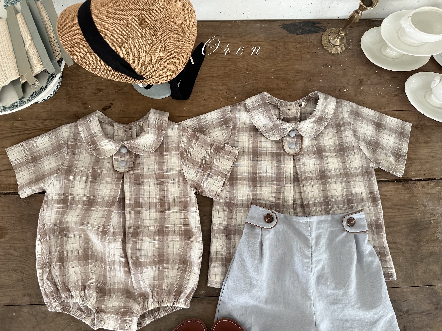 ☀️預訂 韓國直送☀️🇰🇷Oren Oliver兩色格紋純棉圓領短袖包屁衣/上下套裝