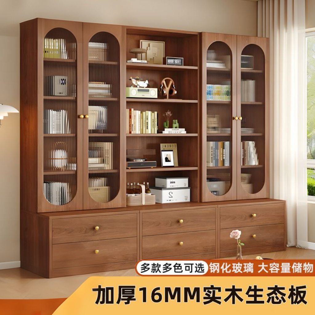 實木卡座書櫃書架一體 滿牆展示櫃 家用客廳落地靠牆櫃子 收納儲物櫃bookcase 