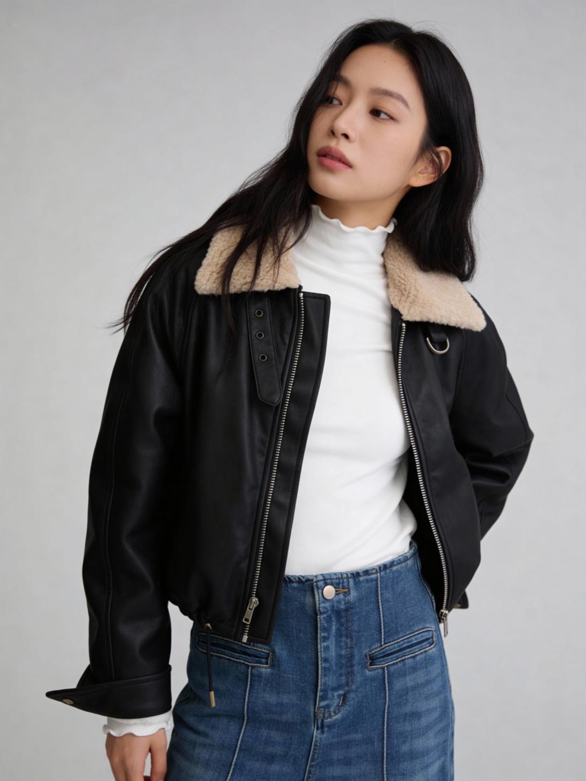 806#黑色羊羔絨領仿皮夾克