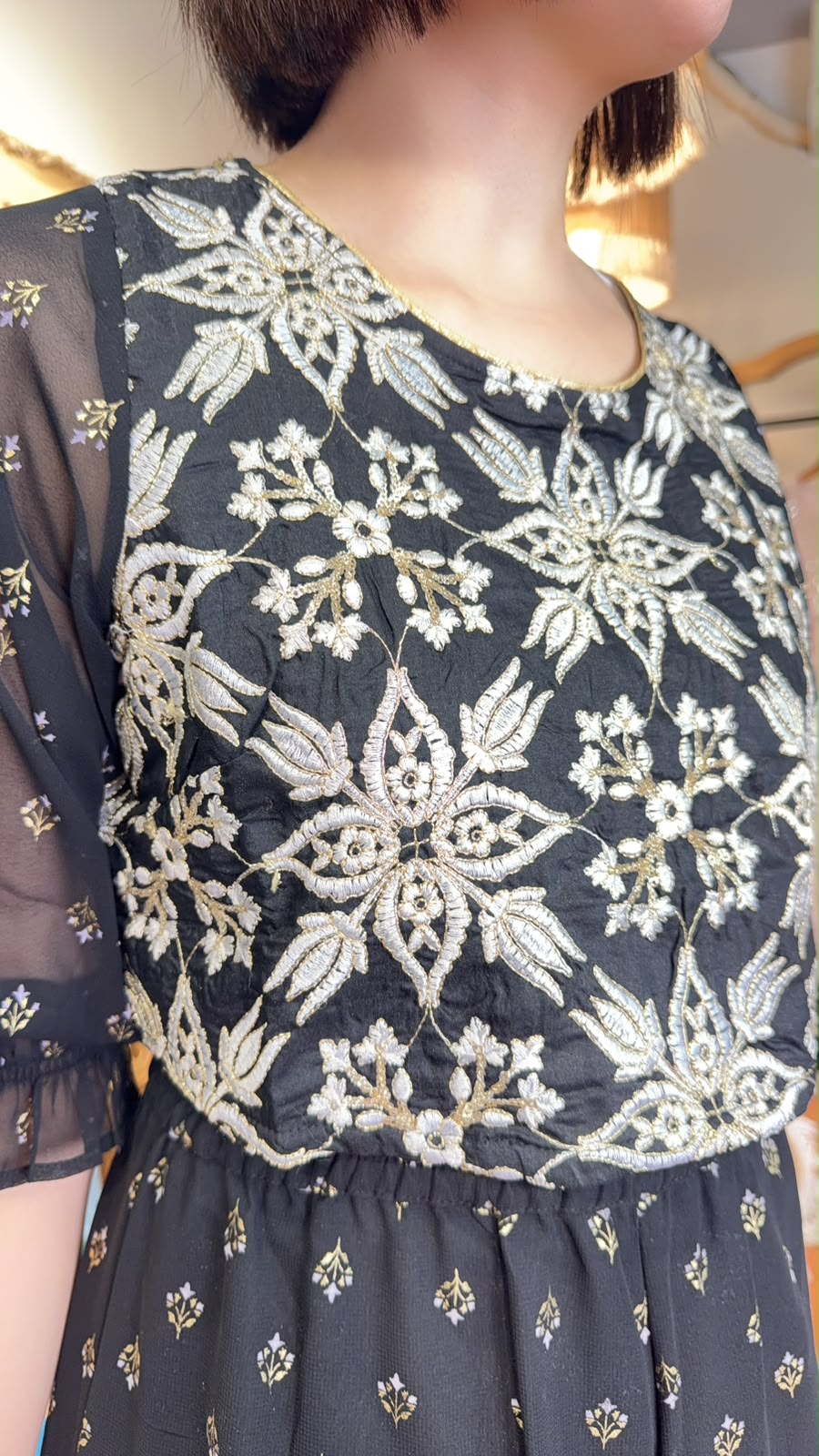 3541 Black Full White Flower Emb Mid Sleeve Set of 3 with Scarf Jacket 37"
