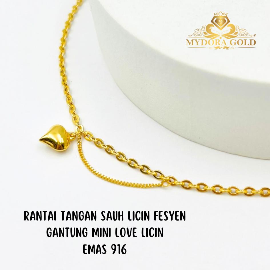 MYDORA Rantai Tangan Sauh Licin Fesyen Gantung Mini Love Licin l EMAS 916/22K