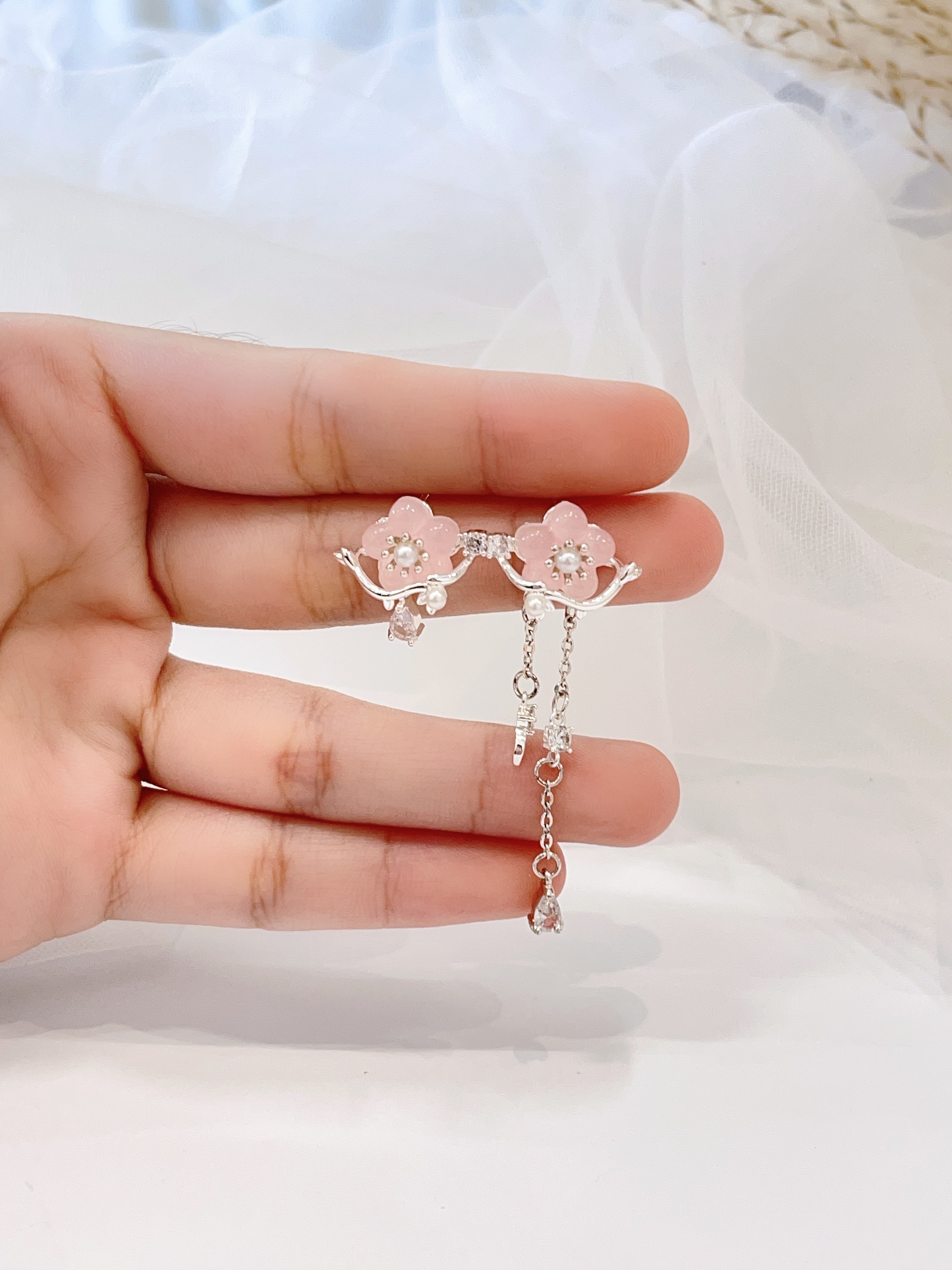 粉色系小花不规则流苏耳环