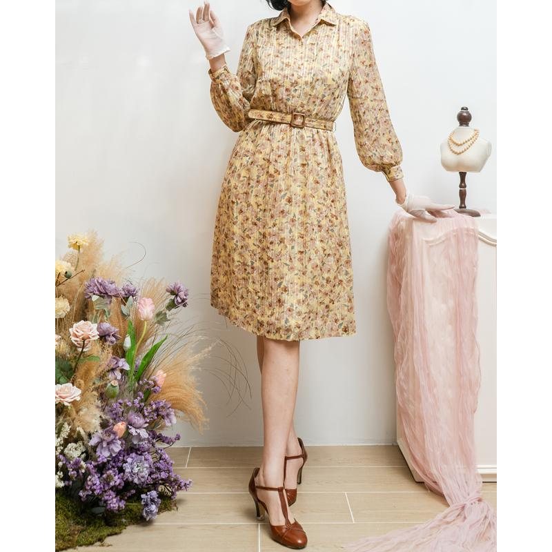 Vintage Japanese Cream Yellow Chiffon Long Sleeve ShirtDress with Original Belt(MT1608-87)