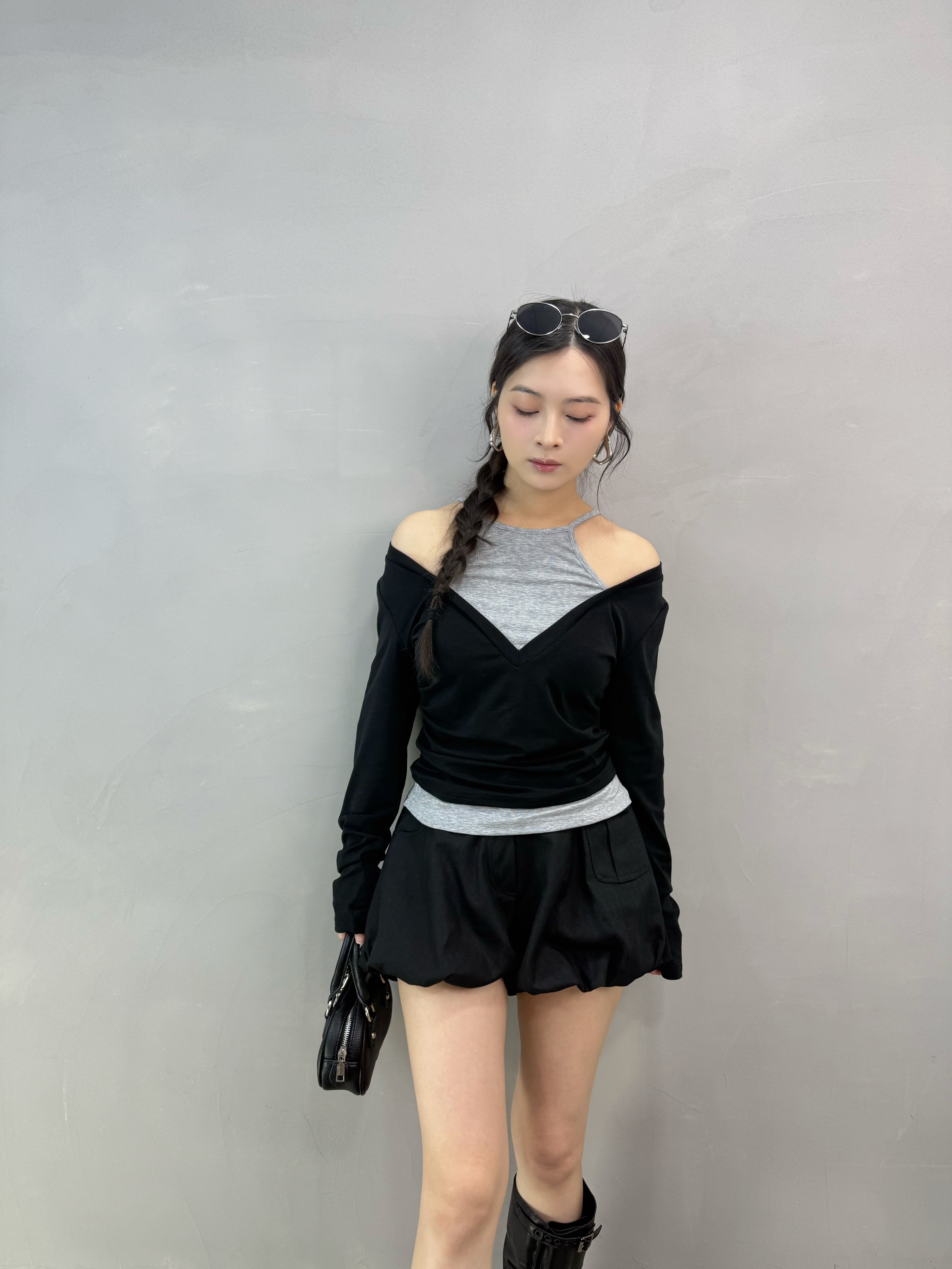 B04 拼色假兩件鎖骨Tee