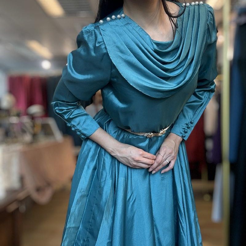 Vintage Japanese Turquoise Blue with Pearl Accent Cocktail Dress (MT2260-27)