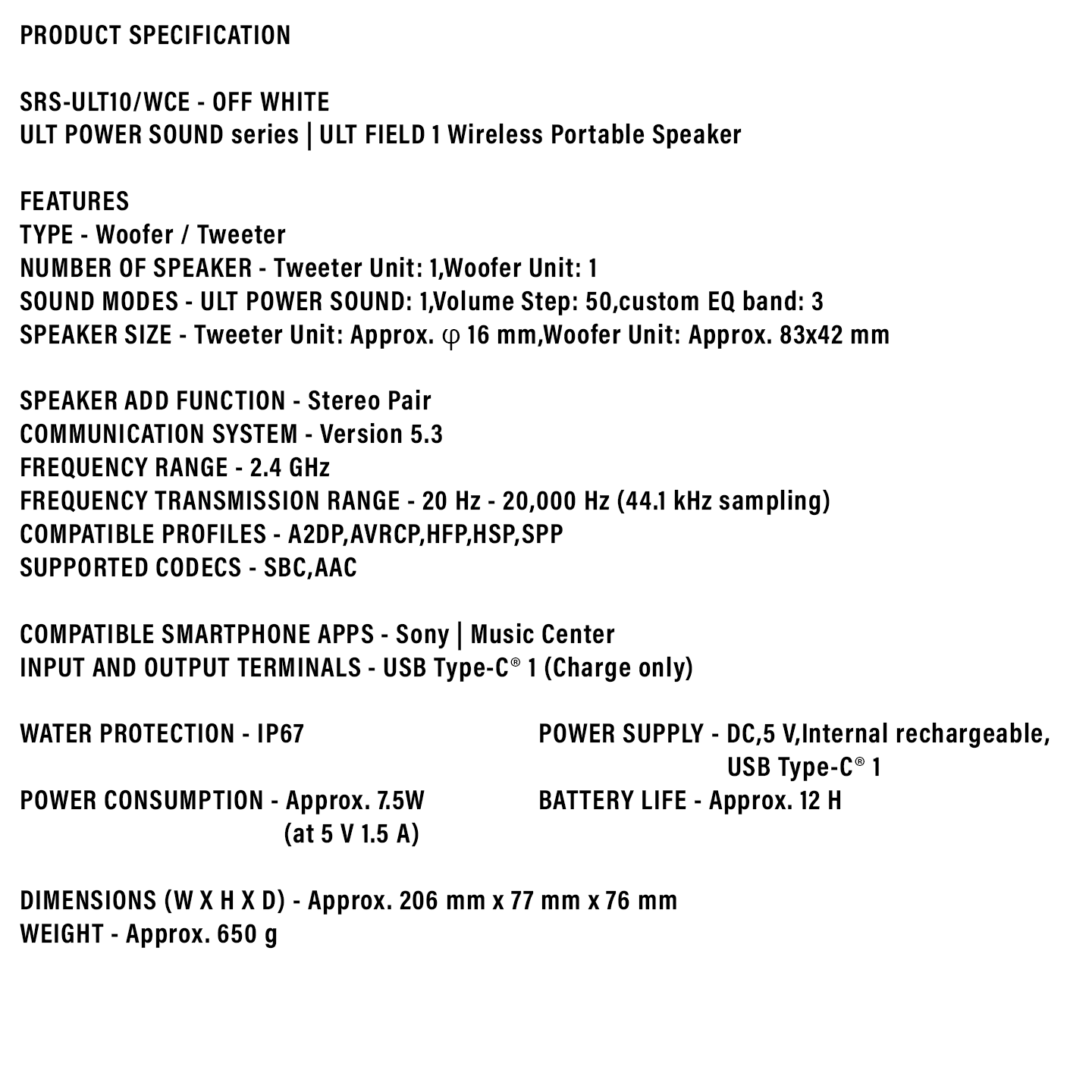 Sony ULT Field 1 Wireless Speaker White (SRS-ULT10)