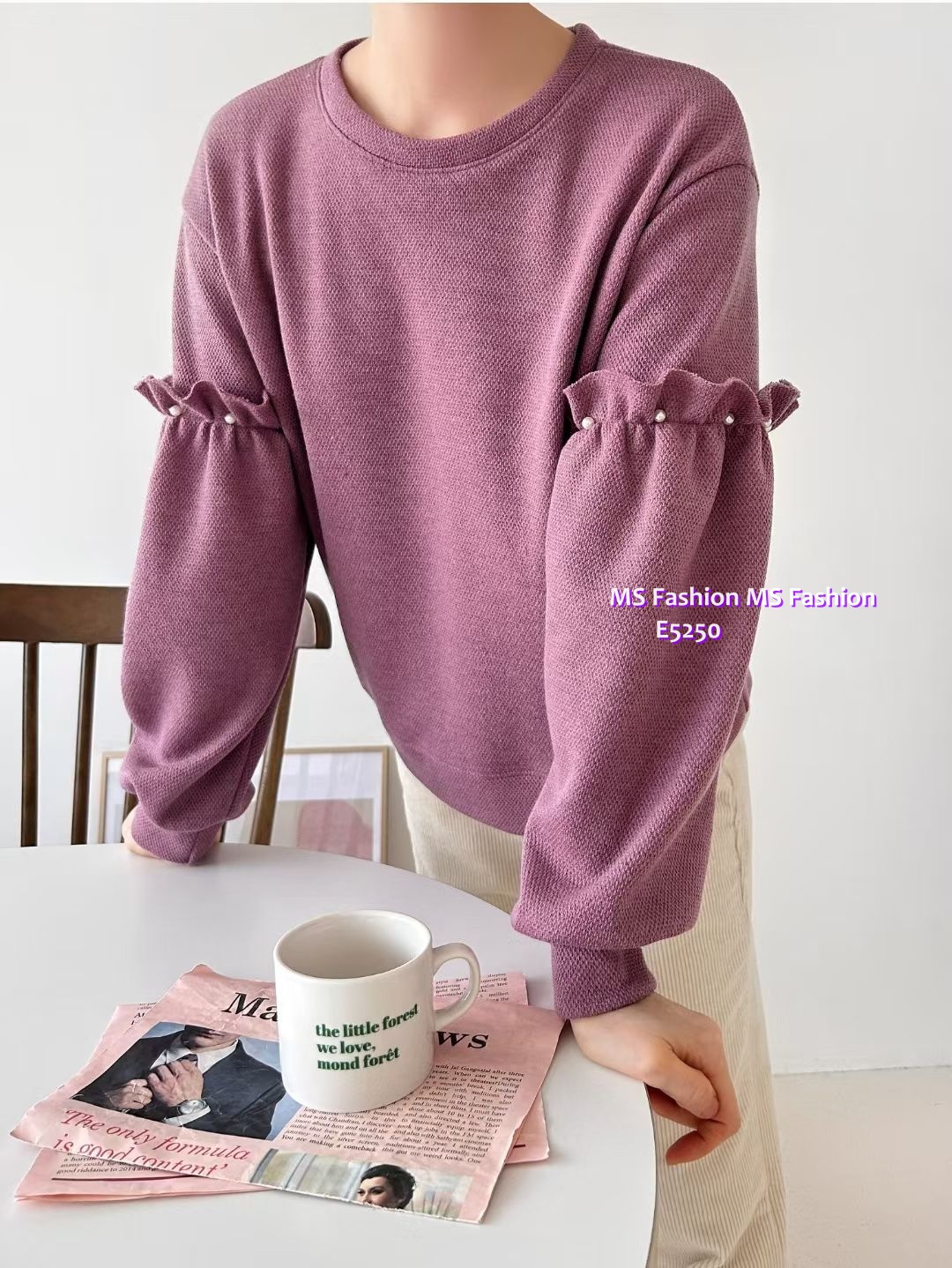 E5250 靚色ruffle袖珠珠top