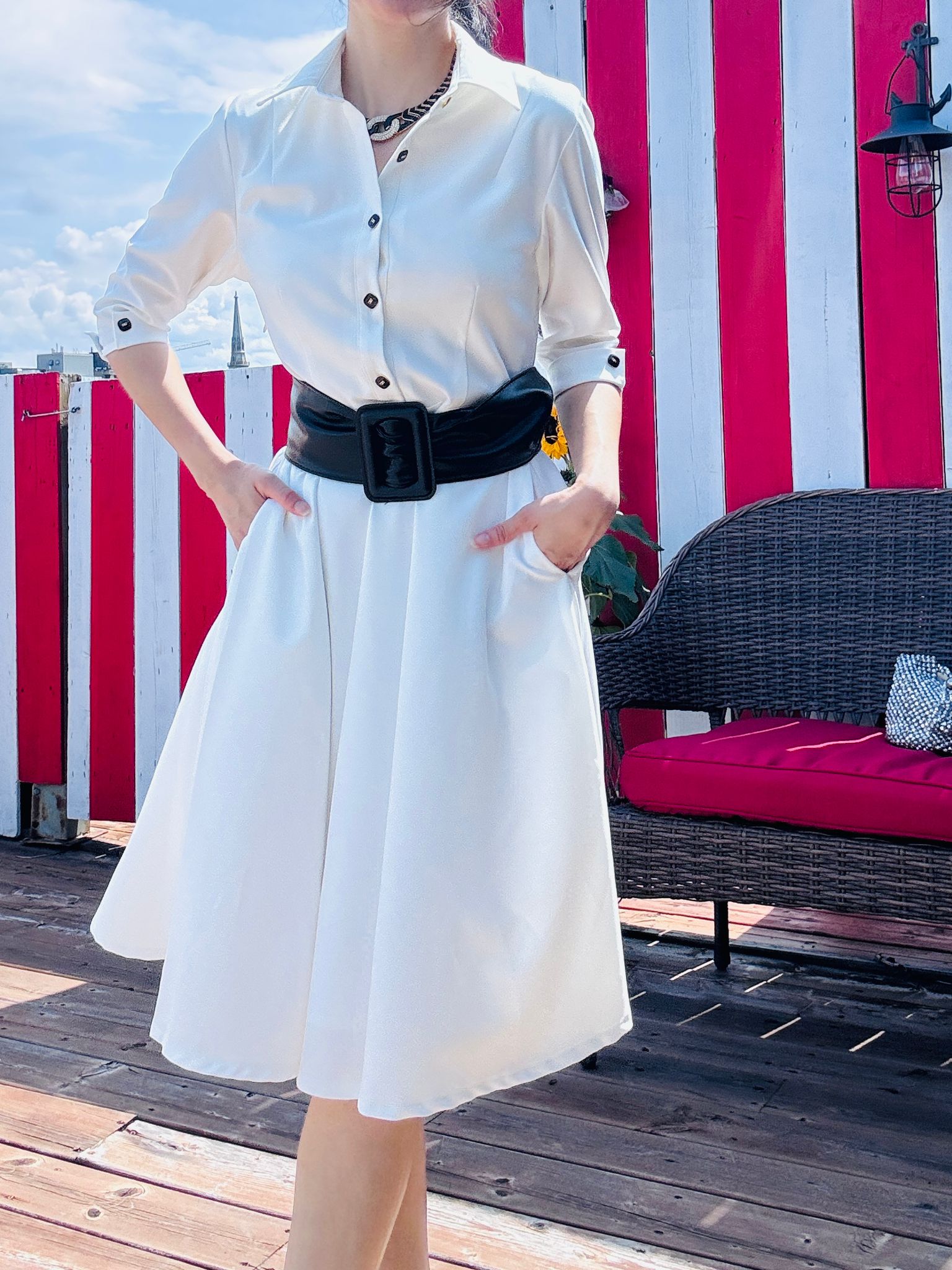 (Custom-Made) Ivory Heirloom Shirtdress with Vintage Buttons and Belt (FM237)