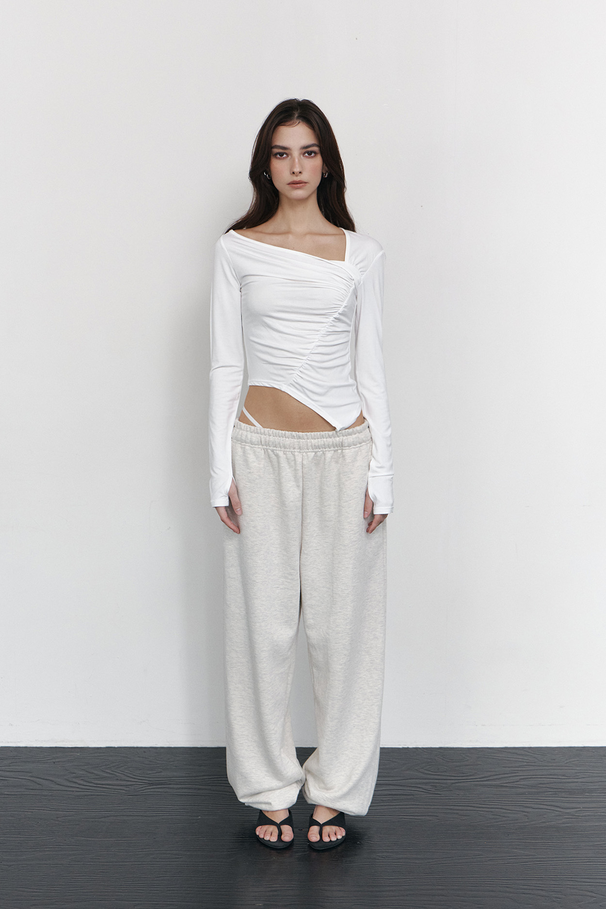 pleaseNOFOLLOW - Sadie Unbal Shirring Long Sleeve Top (White)