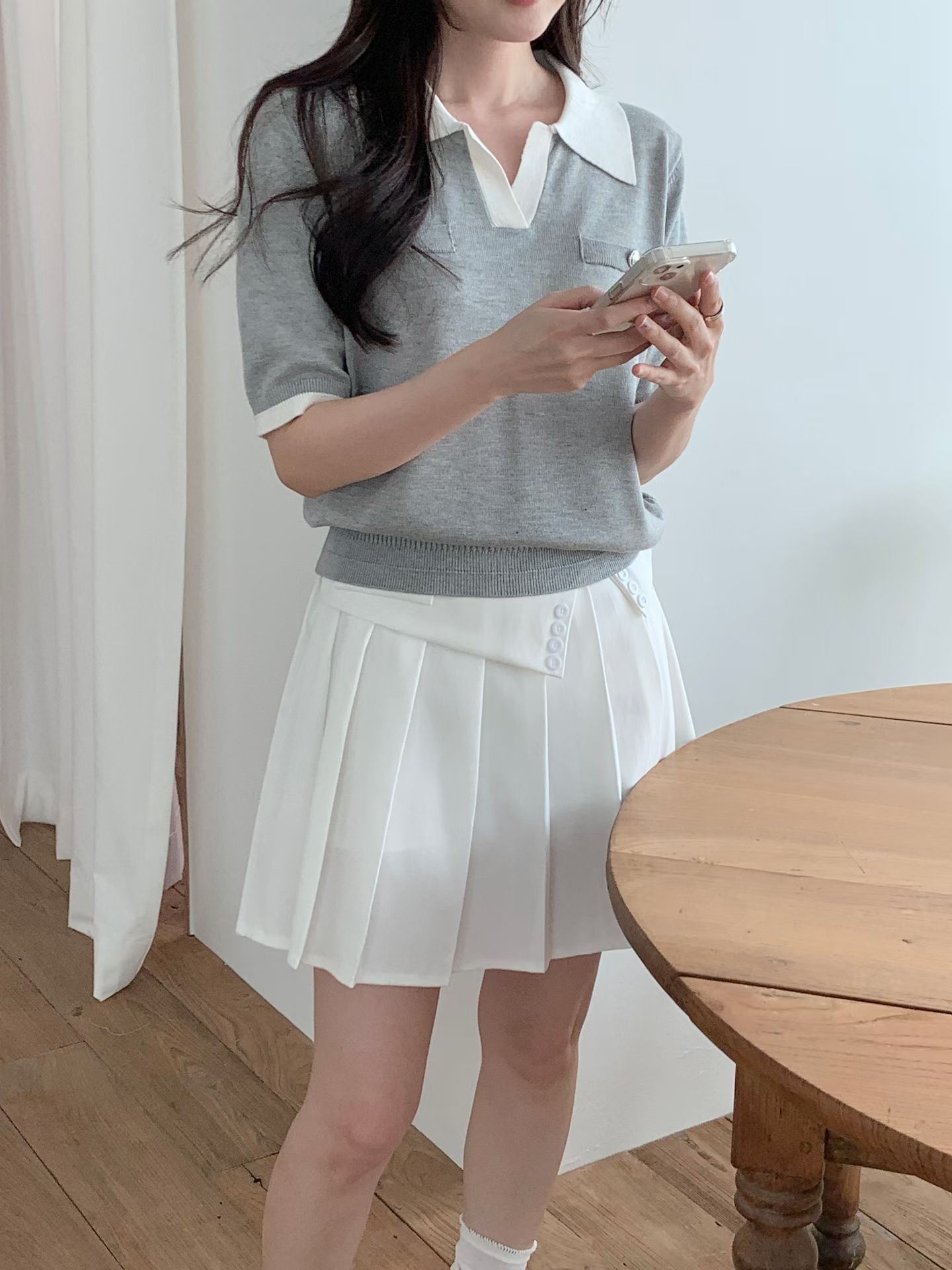 CT24 學院風不規則排釦百褶短裙