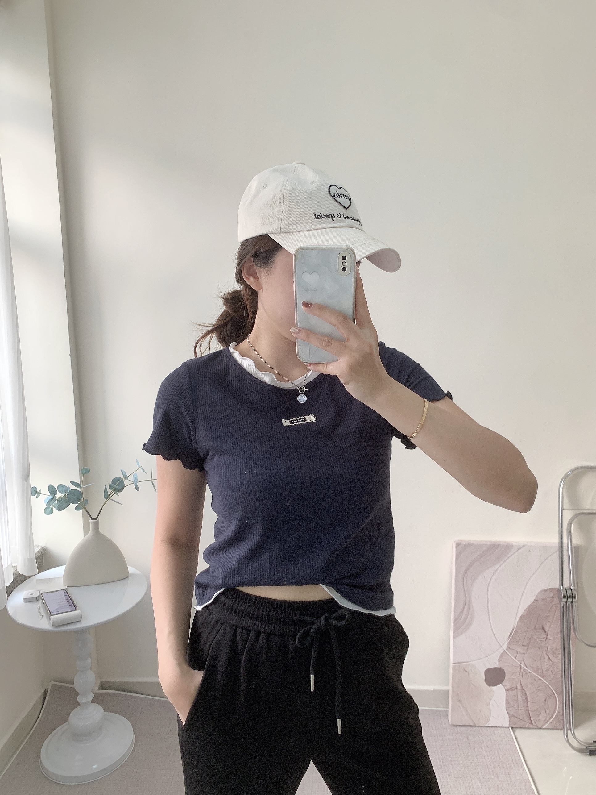 拼色木耳邊Tee-深藍色