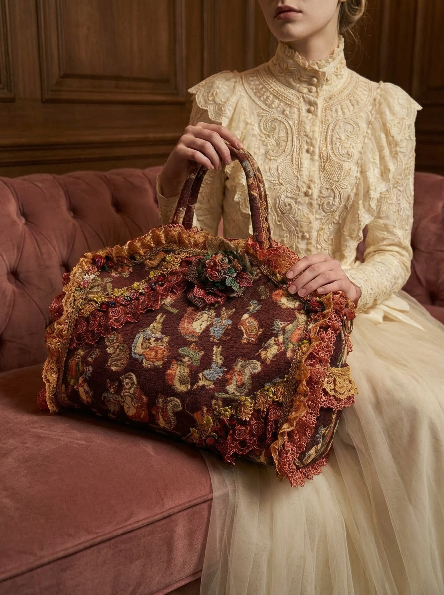 19世紀浪漫主義Peter Rabbit Antique Victorian Lace Bag