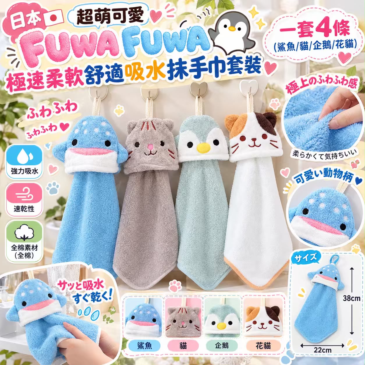  【預訂】日本 FUWA FUWA 極速柔軟舒適吸水抹手巾4條套裝