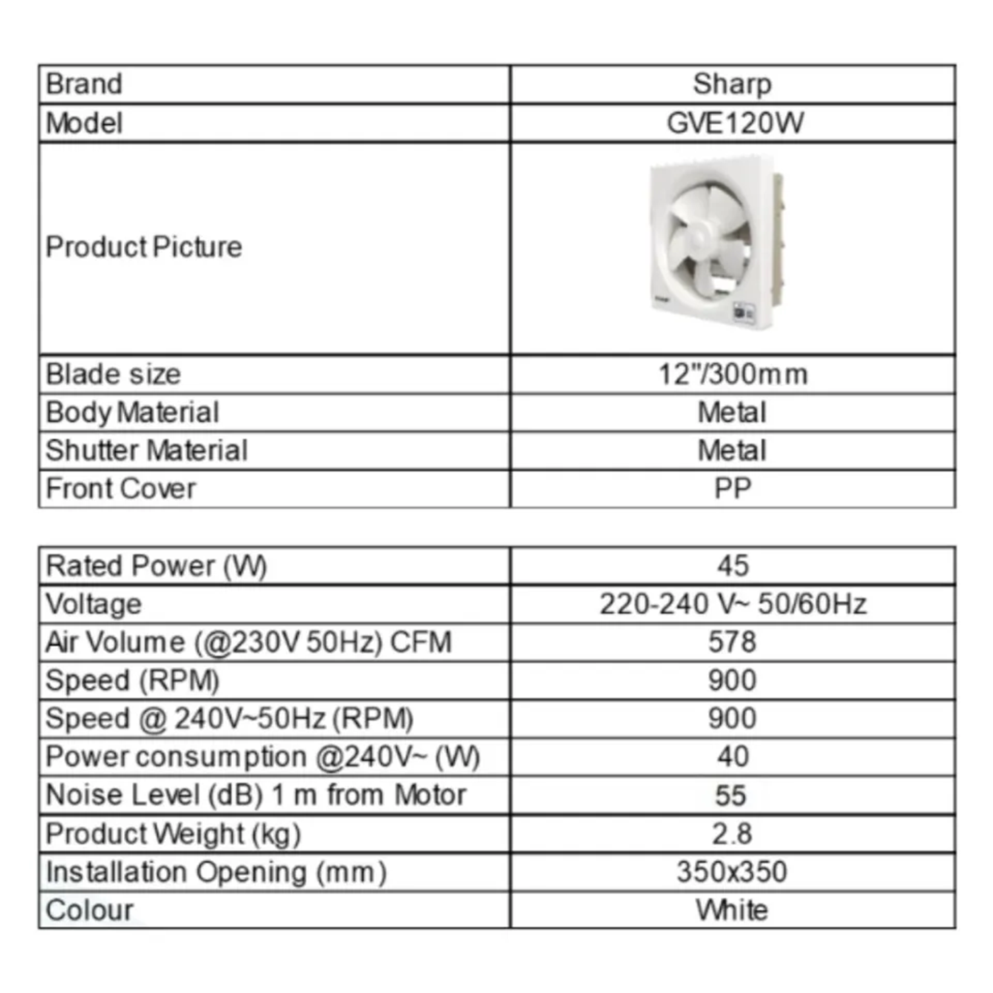 Sharp 12" Wall Exhaust Fan (GVE120W)