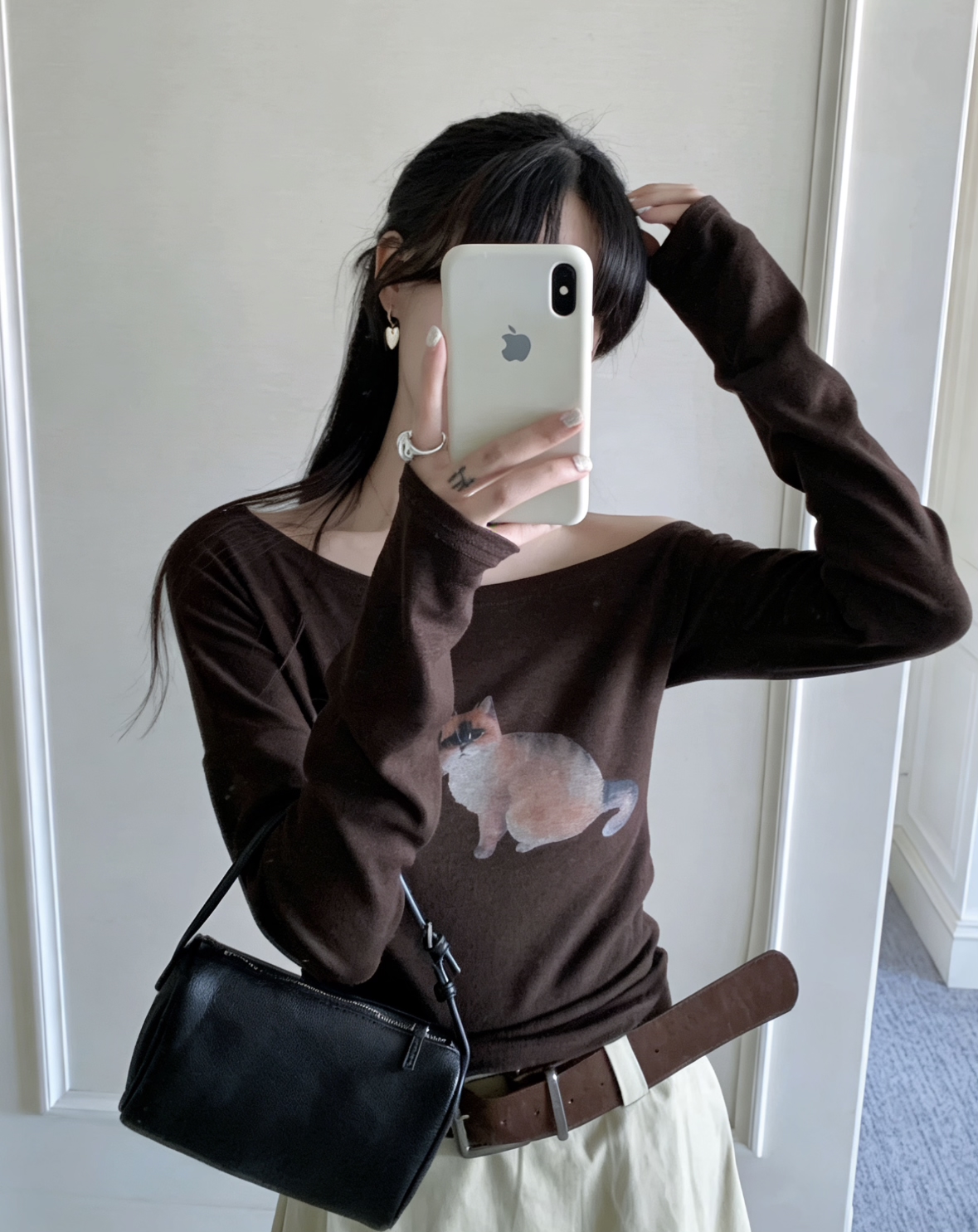 TP565小猫印花斜肩上衣