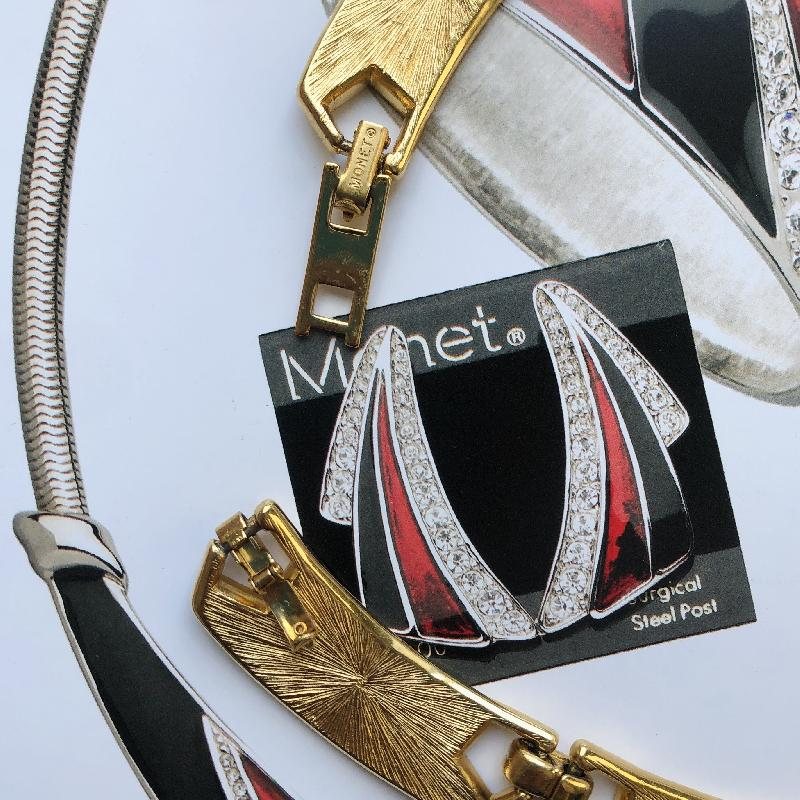 C.a. 1980s Monet Red X Ivory Geometric Enamel Jewelry New Old Stock- Necklace (MT1622)