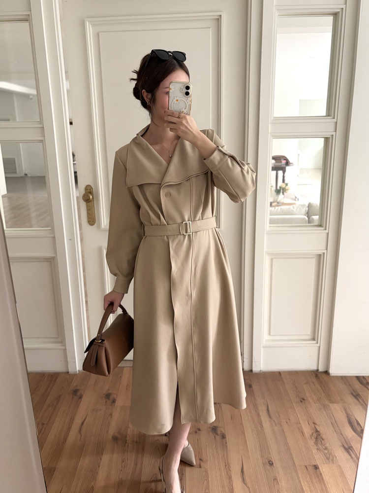 Classic Flared Trench Dress (Warm Beige)