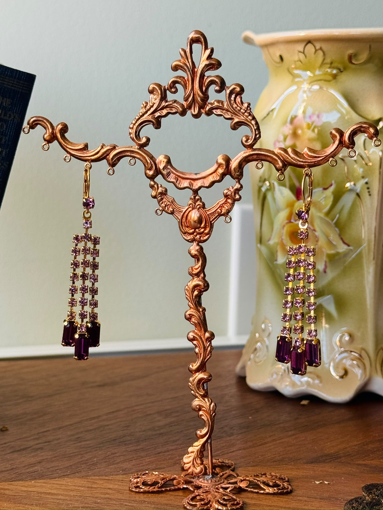 1980s Czechoslovakian New Old Stock Purple Rhinestone Hook Earrings (NZ131)